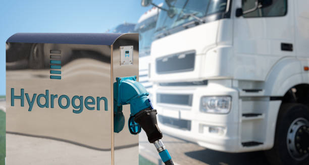 Hydrogen filling station on a background of trucks Self service hydrogen filling station on a background of trucks hydrogen stock pictures, royalty-free photos & images