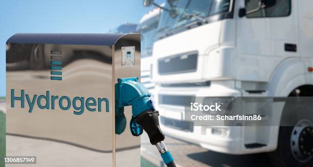 Hydrogen Filling Station On A Background Of Trucks Stock Photo - Download Image Now - Hydrogen, Fuel and Power Generation, Truck