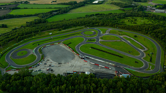 Epic drone shot of the circuit Three Sisters Race Circuit located near the city of Wigan