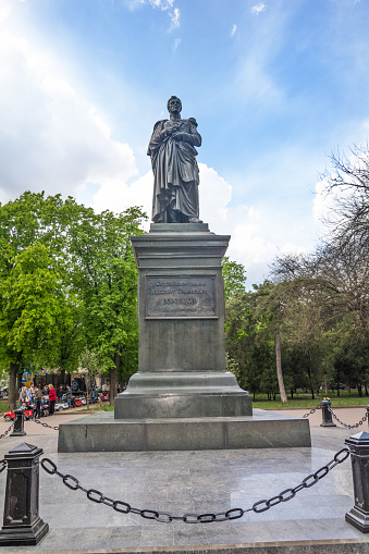 ODESSA, UKRAINE - APR 29, 2019: The Statue of Graf Vorontsov established in 1863  in honor of Mikhail Vorontsov, Field Marshal, the General-Governor of Novorossiya  and Bessarabia plenipotentiary governor. The sculptor is Friedrich Brugger