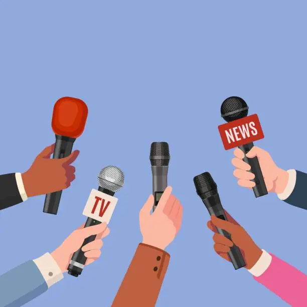 Vector illustration of Journalist hands with microphones. Reporters with mics take interview for news broadcast, press conference or newscast. Media vector concept