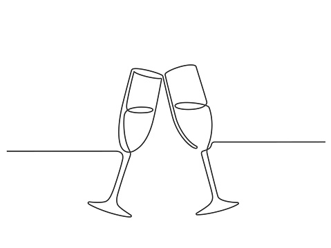 One line champagne toast. Continuous linear couple wine glasses clink. Wedding party cheers. Minimalist new year celebration vector concept. Illustration celebration champagne, party clink