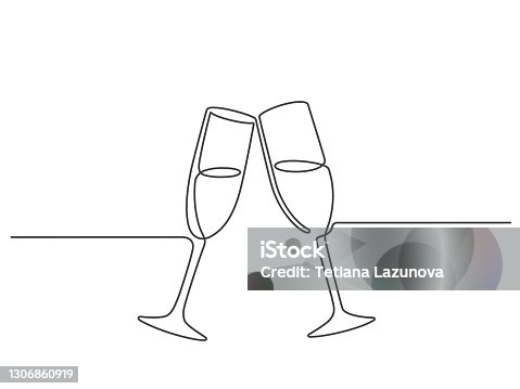 istock One line champagne toast. Continuous linear couple wine glasses clink. Wedding party cheers. Minimalist new year celebration vector concept 1306860919