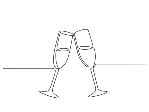 One line champagne toast. Continuous linear couple wine glasses clink. Wedding party cheers. Minimalist new year celebration vector concept One line champagne toast. Continuous linear couple wine glasses clink. Wedding party cheers. Minimalist new year celebration vector concept. Illustration celebration champagne, party clink champagne illustrations stock illustrations