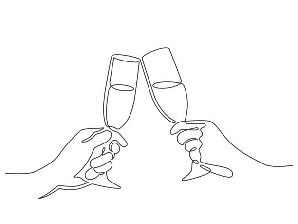 Continuous line champagne cheers. Hands toasting with wine glasses with drinks. Linear people celebrate christmas or birthday vector concept Continuous line champagne cheers. Hands toasting with wine glasses with drinks. Linear people celebrate christmas or birthday vector. Illustration continuous drawing champagne, alcohol drink toast Champagne stock illustrations