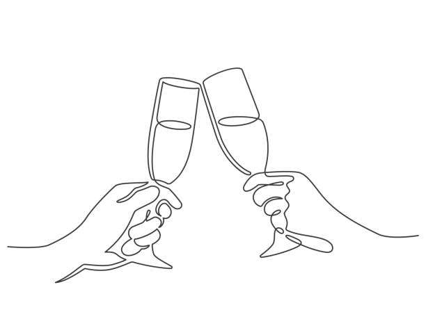 Continuous line champagne cheers. Hands toasting with wine glasses with drinks. Linear people celebrate christmas or birthday vector concept Continuous line champagne cheers. Hands toasting with wine glasses with drinks. Linear people celebrate christmas or birthday vector. Illustration continuous drawing champagne, alcohol drink toast champagne flute stock illustrations