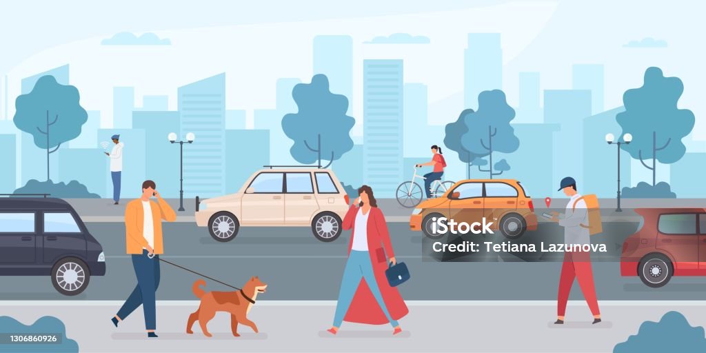 Voitures sur la route de ville. Personnes marchant avec le crabot et faisant du vélo sur la rue. Infrastructures urbaines et trafic de transport. Voiture sans conducteur vectorielle plate - clipart vectoriel de Ville - Milieu urbain libre de droits Voitures sur la route de ville. Personnes marchant avec le crabot et faisant du vélo sur la rue. Infrastructures urbaines et trafic de transport. Voiture sans conducteur vectorielle plate - clipart vectoriel de Ville - Milieu urbain libre de droits