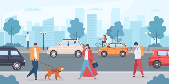 Cars on city road. People walking with dog and riding bike on street. Urban infrastructure and transport traffic. Flat vector driverless car. Illustration road city people dog and bicycle