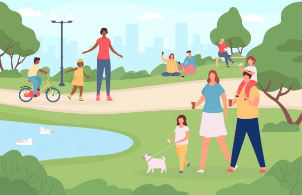 ilustraciones, imágenes clip art, dibujos animados e iconos de stock de gente en el parque de la ciudad. familias felices paseando perro, jugando en el paisaje de la naturaleza y montando en bicicleta. concepto vector de actividades al aire libre de dibujos animados - family cartoon child little girls