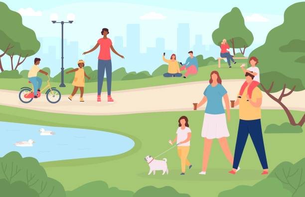 People in city park. Happy families walking dog, playing in nature landscape and riding bicycle. Cartoon outdoor activities vector concept People in city park. Happy families walking dog, playing in nature landscape and riding bicycle. Cartoon outdoor activities vector concept. Illustration city park, family people rest outdoor cartoon of the summer for kids stock illustrations