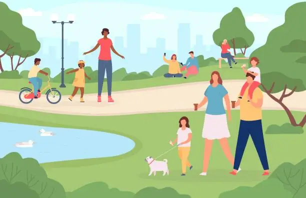 Vector illustration of People in city park. Happy families walking dog, playing in nature landscape and riding bicycle. Cartoon outdoor activities vector concept