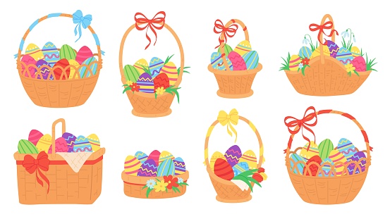 Easter baskets. Painted chocolate eggs in wicker basket with ribbon, grass, tulip and snowdrop flower. Spring traditional holiday vector set. Illustration basket easter with eggs