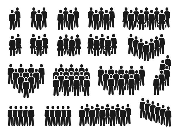 People crowd icons. Group of persons gathering, men and women silhouette. Employee team, citizen or social community pictograms vector set People crowd icons. Group of persons gathering, men and women silhouette. Employee team, citizen or social community pictograms vector set. Illustration crowd people unrecognizable silhouette large group of people stock illustrations
