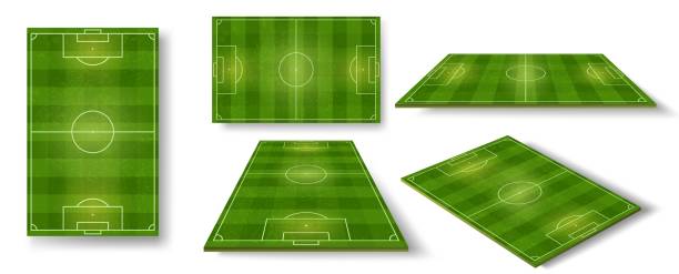 fußballplatz. fußball-pitch-schema oben, seite und perspektivansicht. realistische europäische fußball-platz oder stadion mit grünen gras vektor-set - field stock-grafiken, -clipart, -cartoons und -symbole