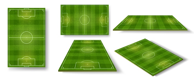 Football field. Soccer pitch scheme top, side and perspective view. Realistic european football court or stadium with green grass vector set. Illustration football field scheme, arena sport