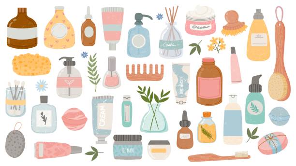 ilustraciones, imágenes clip art, dibujos animados e iconos de stock de productos de higiene y belleza planas. botellas y tubos cosméticos, accesorios de baño, loción, champú, aceite y exfoliación. conjunto de vectores orgánicos para el cuidado de la piel - shower gel