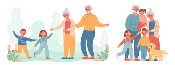 großeltern und enkel. kinder laufen, um alte oma und opa zu besuchen. glückliche großmutter, großvater und kinder familie vektor porträt - grandparent stock-grafiken, -clipart, -cartoons und -symbole