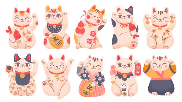 Japanese lucky cats. Cartoon maneki neko toy in traditional clothes, holding fish, bells and gold coin. Asian waving fortune cat vector set Japanese lucky cats. Cartoon maneki neko toy in traditional clothes, holding fish, bells and gold coin. Asian waving fortune cat vector set. Illustration japanese cat, cute and lucky mascot maneki neko stock illustrations