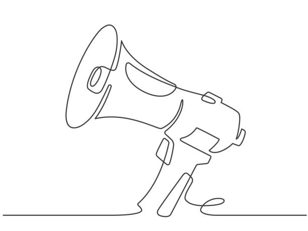 Continuous line megaphone. Marketing promotion banner with loudspeaker or horn speaker. Attention, offer or alert announcement vector symbol Continuous line megaphone. Marketing promotion banner with loudspeaker or horn speaker. Attention, offer or alert announcement vector. Illustration promotion advertisement, minimalism announcement megaphone drawings stock illustrations