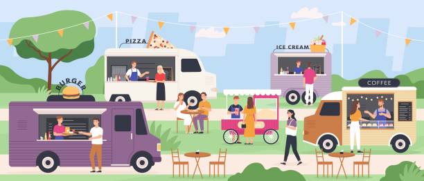 festiwal street foodów. ludzie jedzą na letnich targach ciężarówek na świeżym powietrzu z fast foodami, pizzą i lodami van, wózkiem popcornowym. impreza w parku wektorowym - ice cream truck stock illustrations
