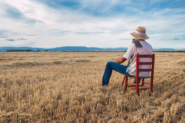 фермер в соломенной шляпе и мотыгой сидит на красном стуле посреди поля - resting place стоковые фото и изображения