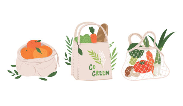 ilustrações, clipart, desenhos animados e ícones de produzir sacos e sacos ecológicos contendo legumes e frutas. - earth cheerful orange white