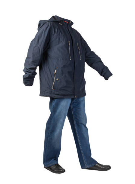 istock dark blue jeans, black leather shoes, jacket isolated on white background. 1306870460