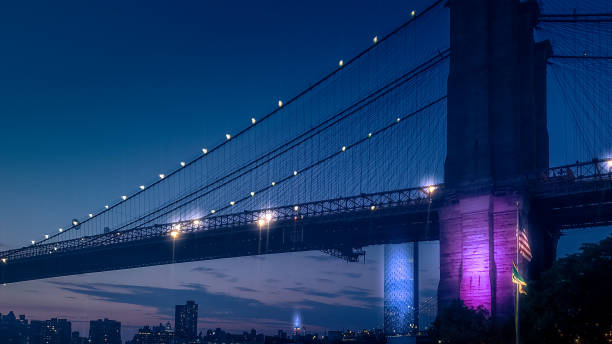 istock Upward view of the Brooklyn Bridge at dusk 1306873095