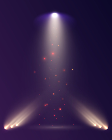 Spotlights set isolated on transparent background. Vector glowing light effect with golden rays and lens flares.