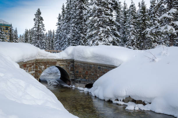 Winter landscape in the mountains with lots of white fresh snow, covered in snow trees, an unfrozen creek and a stone bridge