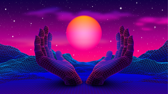 Neon colored 80s or 90s styled landscape with 3D hands holding the glowing purple sun. Blue mountains with spiritual and meditation theme. Psychedelic background for relaxation or dance club events.