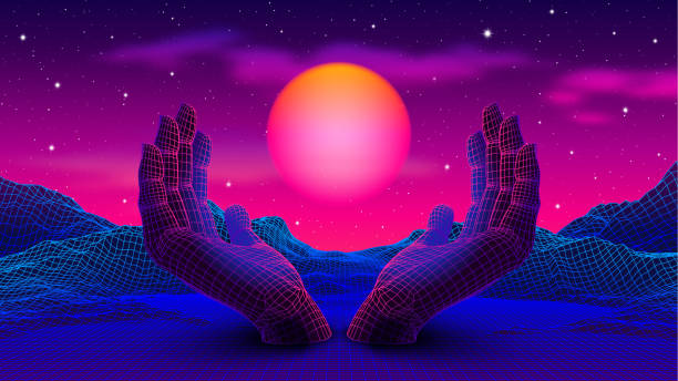 Neon colored 80s or 90s styled landscape with 3D hands holding the glowing purple sun Neon colored 80s or 90s styled landscape with 3D hands holding the glowing purple sun. Blue mountains with spiritual and meditation theme. Psychedelic background for relaxation or dance club events. neon lighting illustrations stock illustrations
