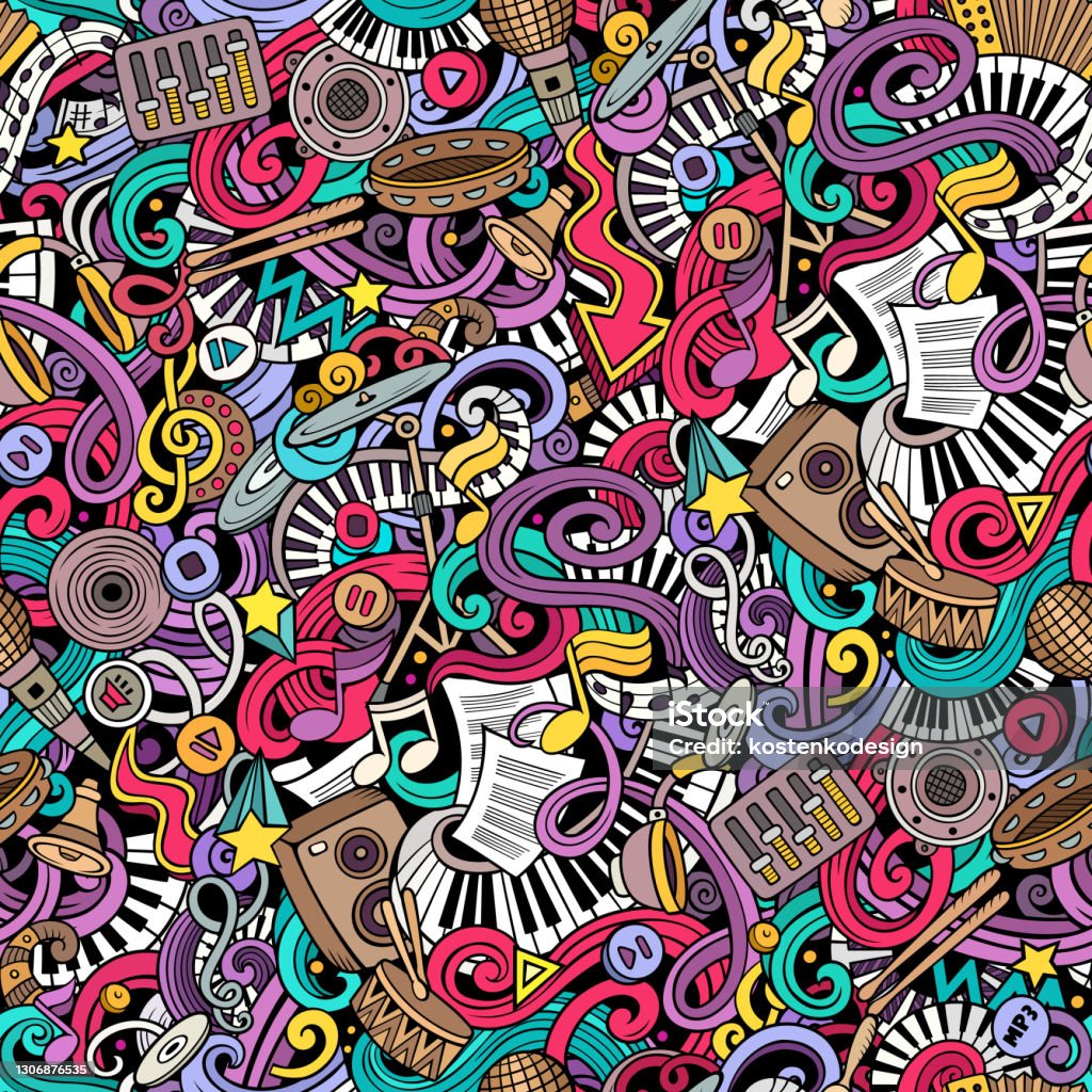 Music Hand Drawn Doodles Seamless Pattern Musical Instruments Background  Stock Illustration - Download Image Now - iStock