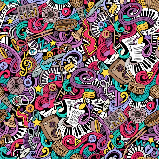 Vector illustration of Music hand drawn doodles seamless pattern. Musical instruments background.