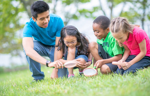 istock Camp Counselor Helps Children Look For Insects at Summer Camp 1306879310