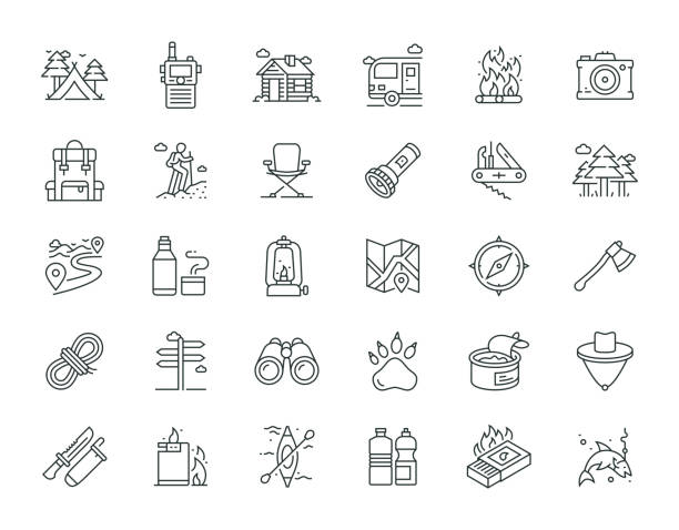 Camping Thin Line Series Icon Set Camping Thin Line Series Icon Set folding chair stock illustrations