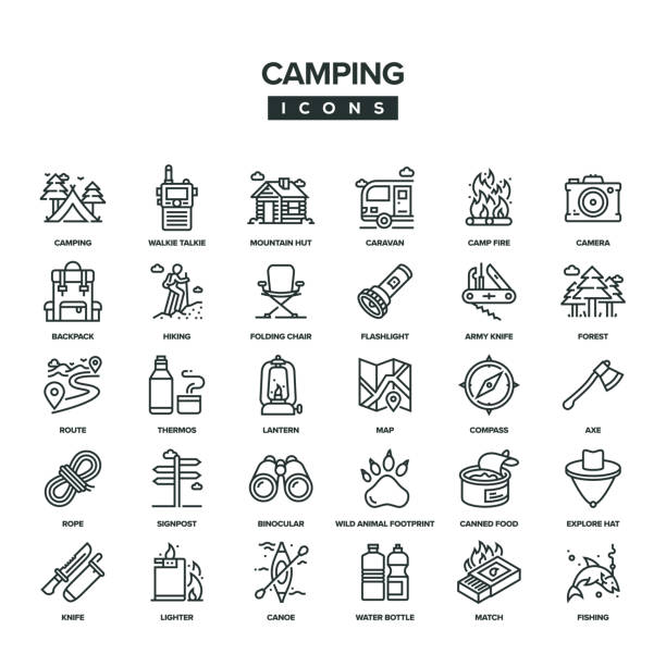 camping line-icon-set - computer icon symbol water bottle icon set stock-grafiken, -clipart, -cartoons und -symbole