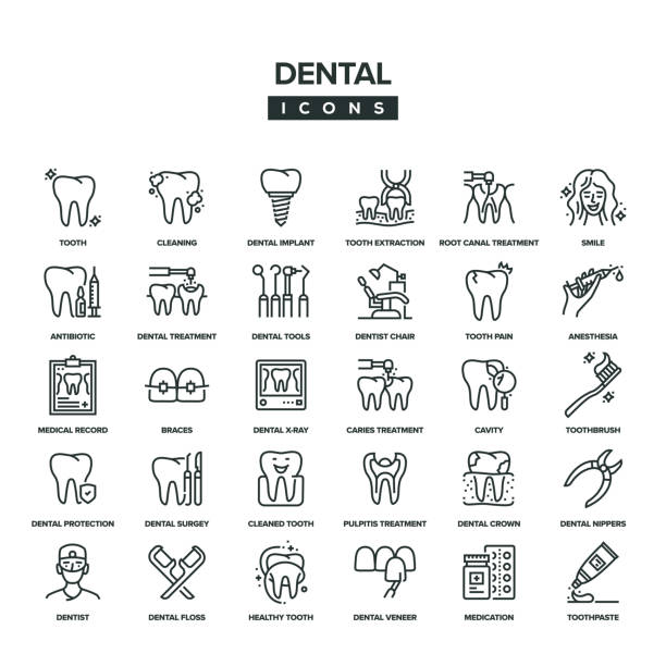 ilustraciones, imágenes clip art, dibujos animados e iconos de stock de conjunto de iconos de línea dental - filling