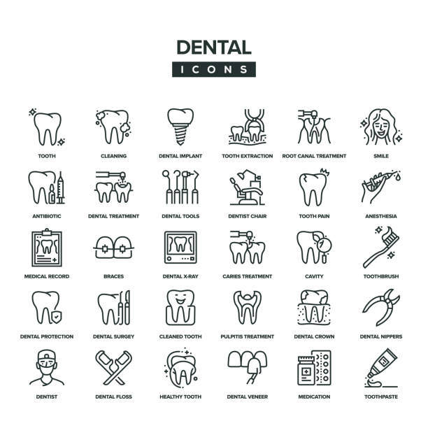 illustrations, cliparts, dessins animés et icônes de ensemble d’icônes dental line - equipement dentaire