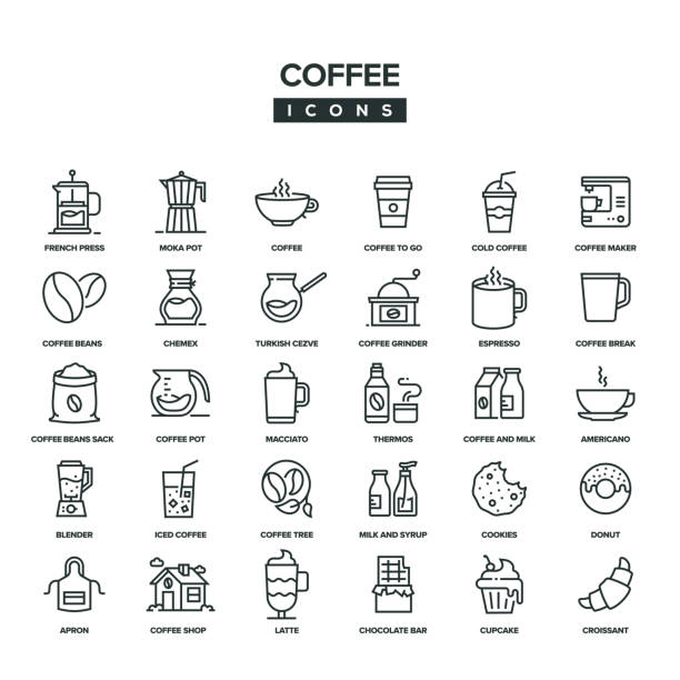 illustrazioni stock, clip art, cartoni animati e icone di tendenza di set di icone linea caffè - caffè