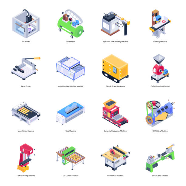 ilustrações de stock, clip art, desenhos animados e ícones de pack of industrial machines isometric icons - grinding