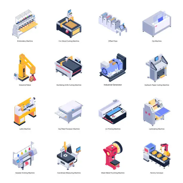 Vector illustration of Pack of Machinery Isometric Icons