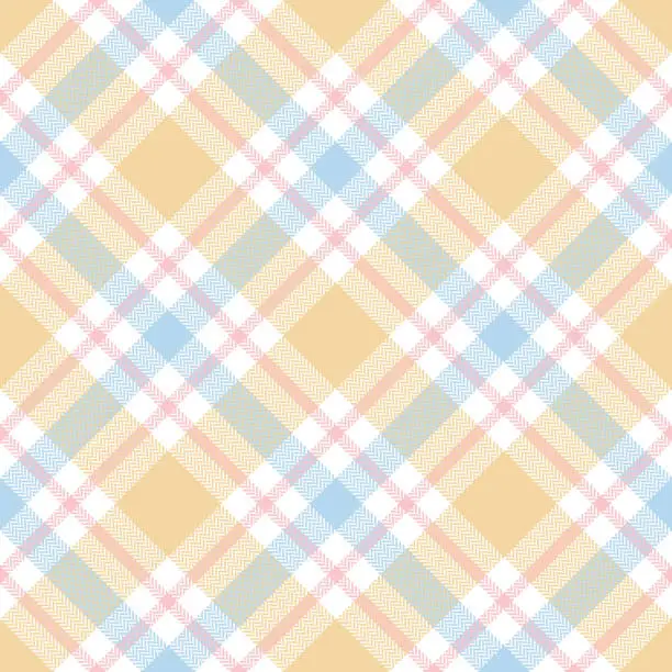 Vector illustration of Plaid pattern seamless multicolored light in pastel blue, pink, yellow, white. Herringbone textured simple tartan check for flannel shirt, blanket, other modern spring summer fashion textile design.