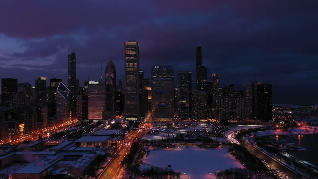 Urban Skyline of Chicago at Night in Winter. Aerial View. USA