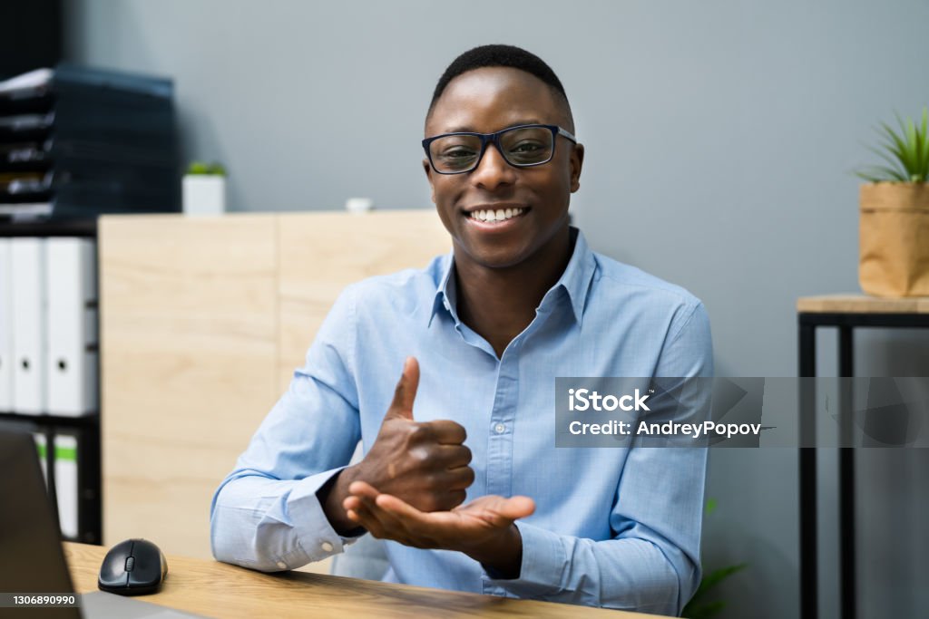African American Man Learning Sign Language Young African American Man Learning Sign Language Disability Stock Photo