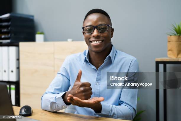 African American Man Learning Sign Language Stock Photo - Download Image Now - Disability, Persons with Disabilities, Deafness