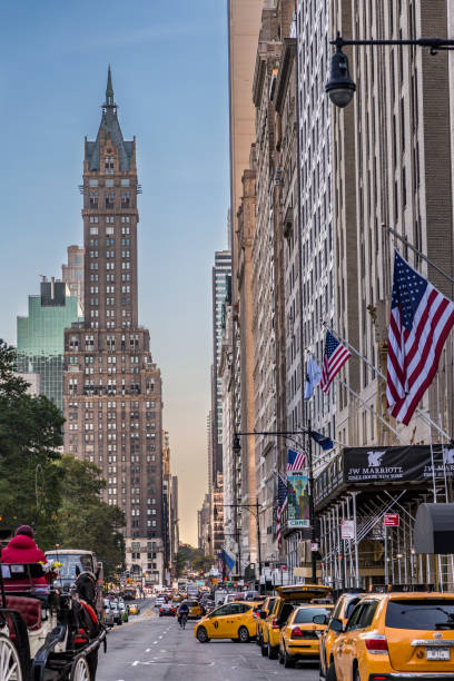 New York, USA - October 21, 2015:  street view in New York seen from Central Park, New York. The buildings are from 19th century.