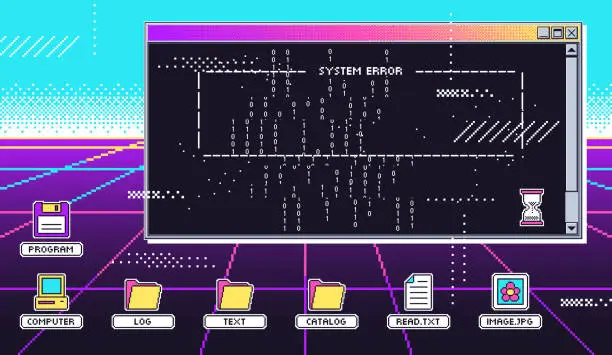 Vector illustration of Vaporwave 80s interface screen. Retro terminal or old computer screen, virtual hack attack and program glitch system error vector illustration
