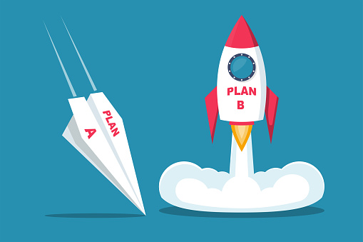 Launch of plan B. Business metaphor. Plan A and plan B. Vector illustration flat design. Success solution and failure. A paper plane crashes, a rocket takes off.
