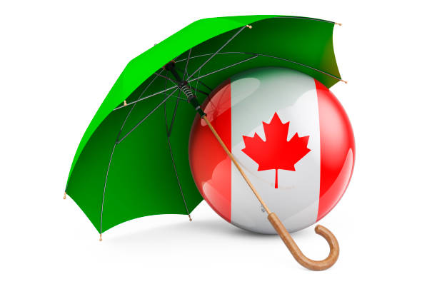 Canadian flag under umbrella. Protection and security of Canada concept, 3D rendering isolated on white background